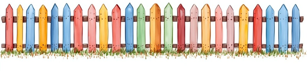 Colorful wooden fence with pink, blue, yellow and orange picket boards in watercolor style, decorated with small flowers and grass at base. Seamless border pattern.
