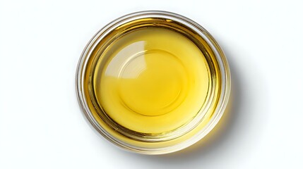 Small glass bowl filled with golden cooking oil viewed from above on white background, isolated for culinary and food photography projects.