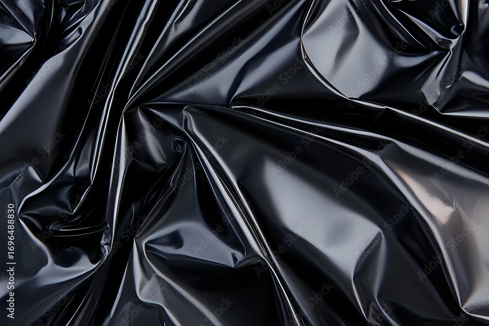 Poster shiny black latex fabric with wrinkles and folds creating dramatic light reflections and shadows on 
