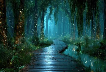 Winding wooden path through a dark, mystical forest with weeping trees and shimmering lights in the distance, reflecting in a narrow stream