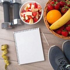 A flatlay composition of a blank notebook, fresh fruit, dumbbells, a measuring tape, and athletic shoes, suggesting a healthy lifestyle and wellness plan.