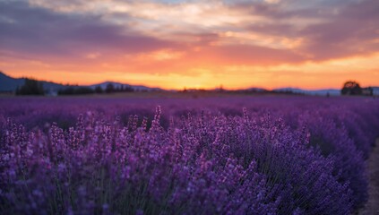 Stunning view of a lavender field at sunset during summer