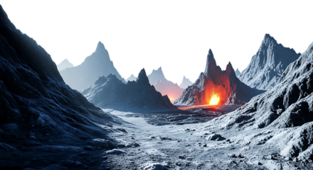 Mysterious alien landscape with jagged icy mountains under a dark sky with a glowing volcanic eruption in the distance
