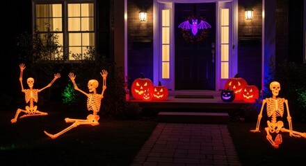Spooky halloween decorations adorn a house at night with skeletons and pumpkins