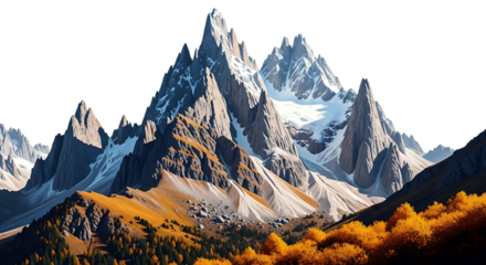 Majestic snow capped mountain peaks bathed in golden sunlight with vibrant autumn foliage in the foreground against a dark sky