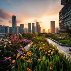 Fototapeta premium Urban Oasis: A Rooftop Garden Flourishes Amidst a Modern Cityscape at Sunset