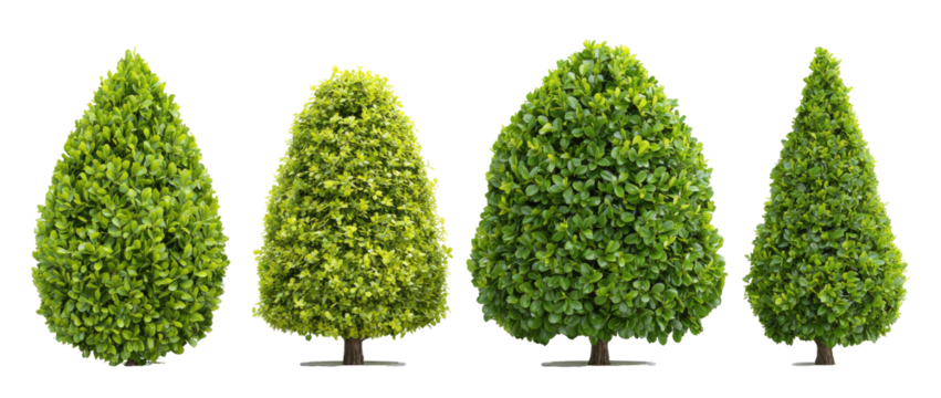 Four progressively larger, conical, lush green topiary trees