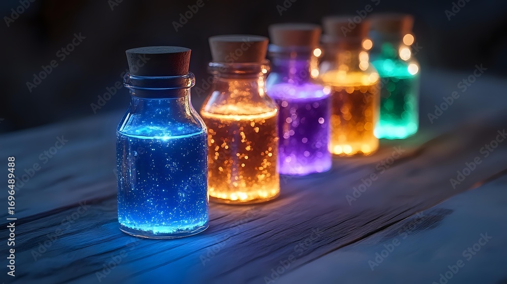 Poster magical glowing bottles with sparkles in different colors arranged in row on wooden surface. mystica