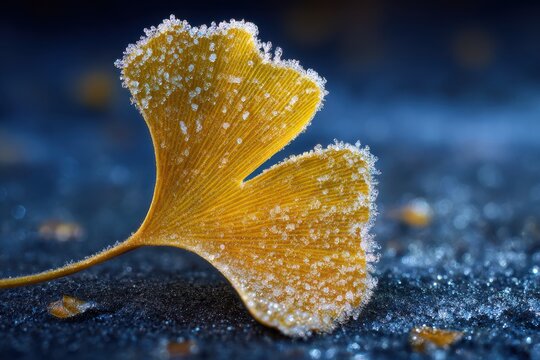 Close-up of a frost-covered yellow Ginkgo leaf on a dark, textured surface