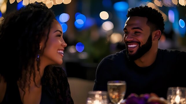 Young diverse couple enjoying romantic dinner date at night, sharing genuine laughter and intimate conversation with bokeh lights and wine glasses on table.