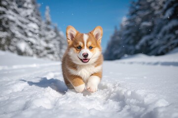 Obraz premium Corgi puppy with striking blue eyes joyfully dashing through snowy landscape
