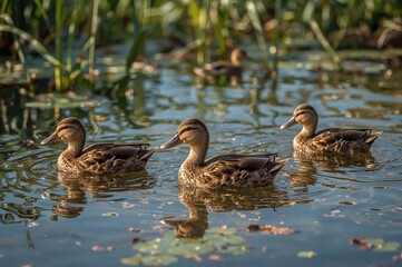 Obraz premium Cute brown ducks swimming in a natural lake environment