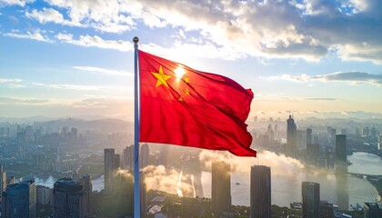 China or chinese flag wavering in beautiful clouds with building skyline. The flag blowing with beautiful sunlight. China or chinese national flag for independence day.