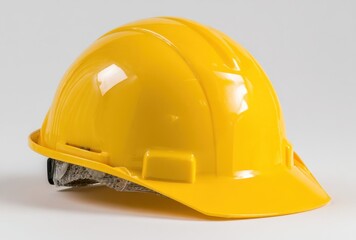 A bright yellow hard hat with an adjustable inner band sits on a white background, a vital piece of safety equipment for construction
