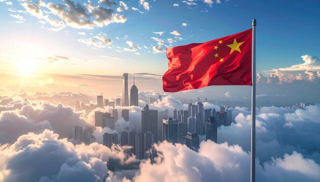 China or chinese flag wavering in beautiful clouds with building skyline. The flag blowing with beautiful sunlight. China or chinese national flag for independence day.