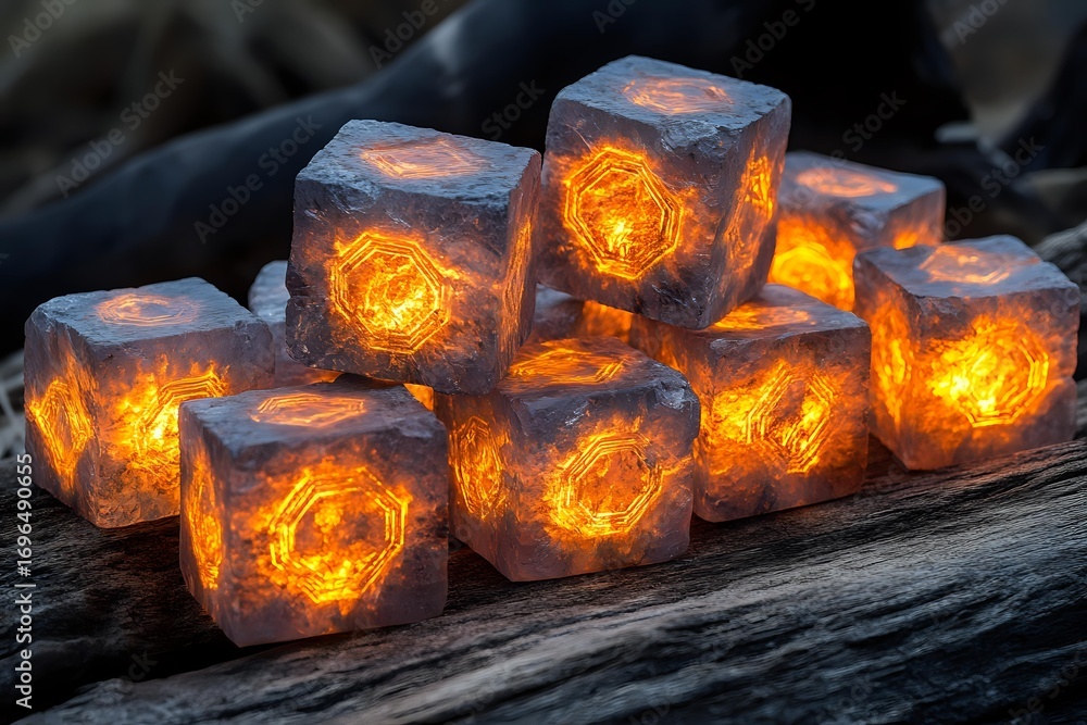 Poster glowing magical ice cubes with fiery orange light and mystical runes arranged on weathered wood surf