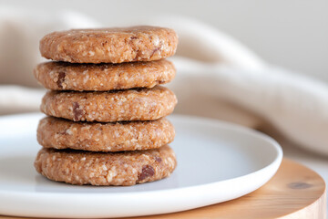 Cookies stack on plate, oatmeal baked dessert snack sweet homemade closeup breakfast food