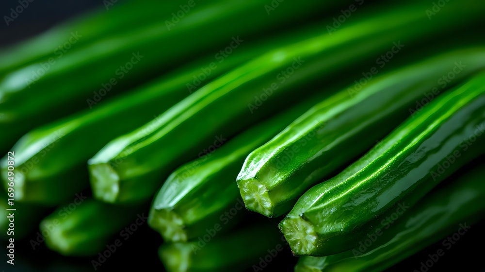 Poster fresh green zucchini courgettes in row on dark background, macro shot with selective focus showing t
