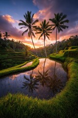 Obraz premium A serene sunrise paints the terraced rice paddies, reflecting palm trees in the tranquil water.