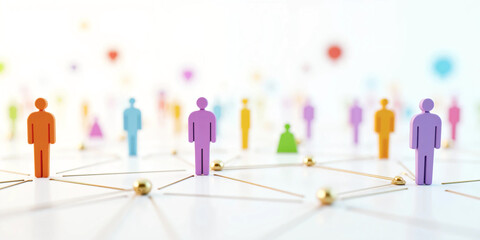 Clean 3D rendering of a human-icon social connection network showing people avatars linked together in an interconnected system symbolizing communication, teamwork, community, and digital interaction.