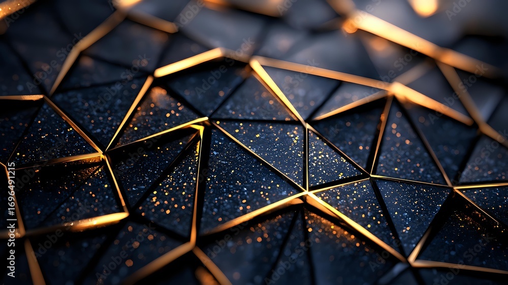 Poster abstract geometric black and gold polygonal background with metallic lines forming triangular patter