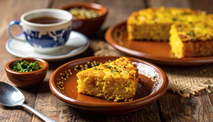 Paraguayan sopa paraguaya traditional cornbread with cheese and onions, sliced and served on clay plates beside herbal tea