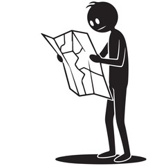 Smiling Silhouette Person Reading a Map for Travel and Direction