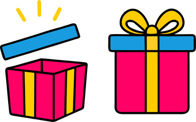 Simple vector illustration set of open and closed gift boxes. Minimal flat style design, colorful packaging icons for celebration, holiday, birthday, Christmas, New Year, and party themes.