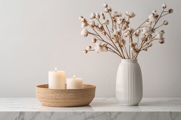 Lit candles placed in a woven basket alongside a vase filled with cotton stems on a table with a plain white backdrop. Blank area available for text