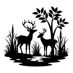 Deer Drinking Water River Silhouette Vector