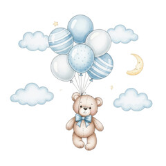 Cute teddy bear floating with blue balloons isolated on transparent background
