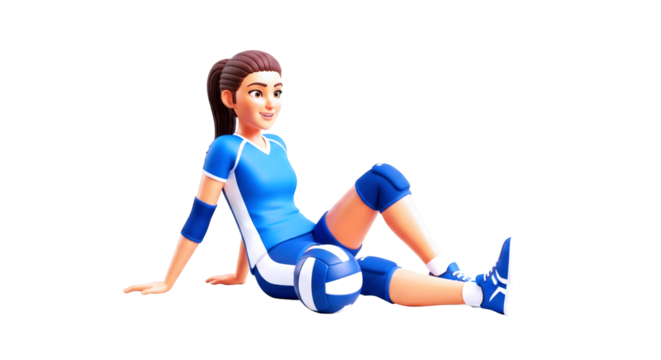 3d cartoon volleyball player relaxed pose, summer break, cheerful animation asset, isolated on transparent background