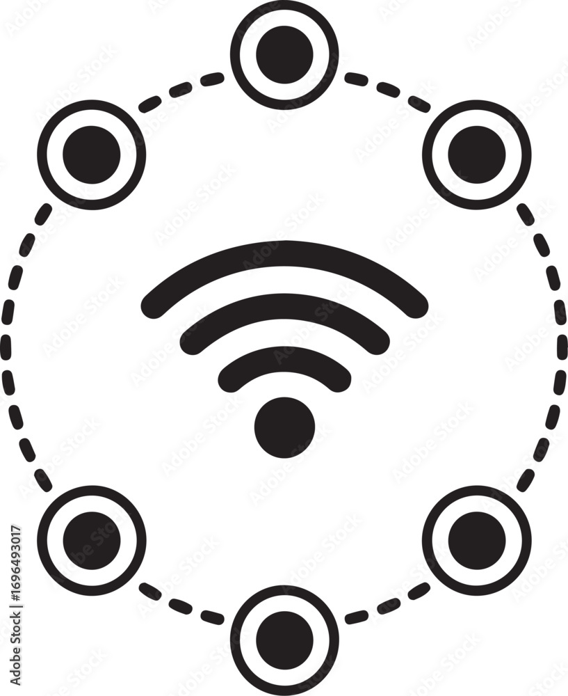 Poster wireless network connection with central wi fi symbol and surrounding nodes