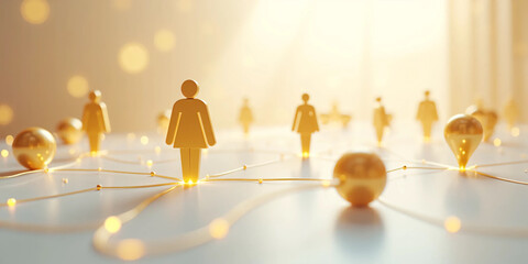 Clean 3D rendering of a human-icon social connection network showing people avatars linked together in an interconnected system symbolizing communication, teamwork, community, and digital interaction.