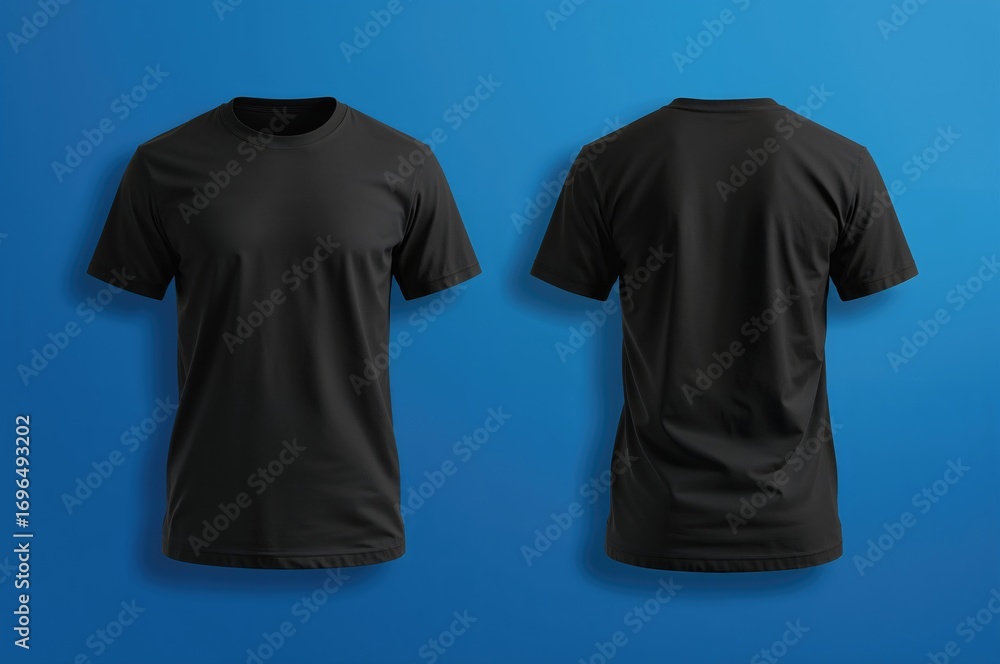 Poster plain black tee displayed on a blue backdrop, front and rear views. design template.