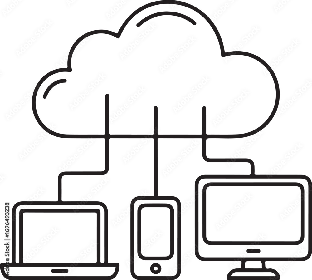 Poster cloud computing network connecting laptop smartphone and desktop computer