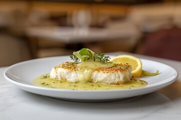 Grilled fish steak served with a creamy sauce in a dining setting