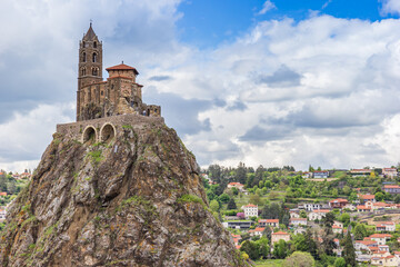 Historic Rocher Saint Michel church on top of the volcanic rock in Le Puy-en-Velay, France