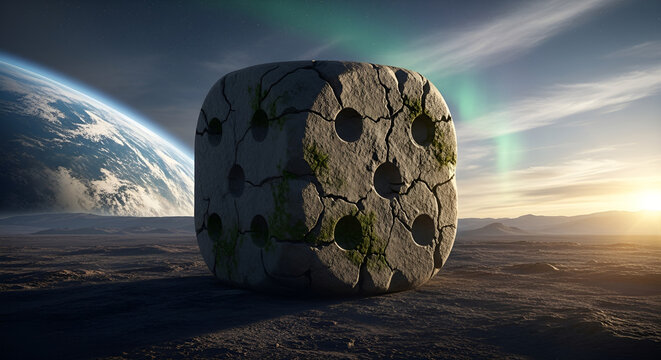 A stone dice on an alien planet with earth and aurora in the background