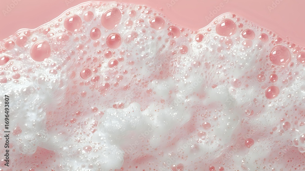 Aufkleber white soap foam bubbles and suds on pink background macro close up view, abstract texture pattern fo