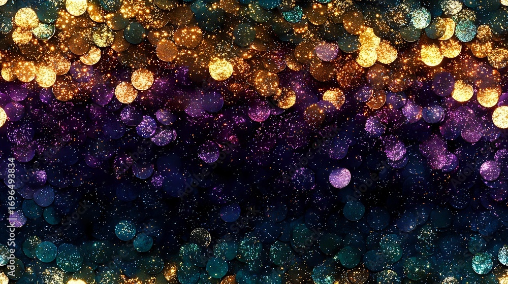 Poster magical glowing bokeh lights in gold, purple and teal creating dreamy abstract background with blurr