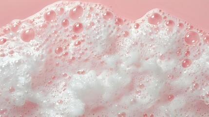 Fototapeta premium White soap foam bubbles and suds on pink background macro close up view, abstract texture pattern for cosmetic and skincare product photography.