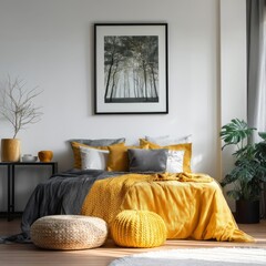 Poster frame mockup in a beautifully designed modern bedroom features a neutral color palette with vibrant yellow accents,