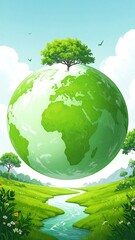 A vibrant, stylized illustration of a lush, green Earth suspended above a serene landscape.