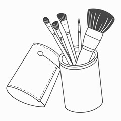 Collection of professional makeup brushes in a holder