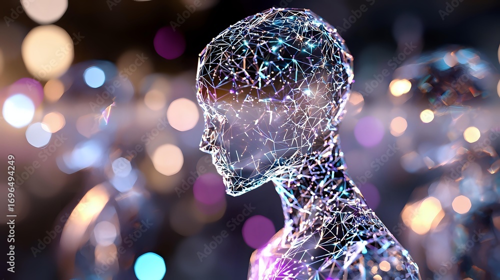 Poster translucent crystal human figure silhouette with internal geometric network structure against blurre