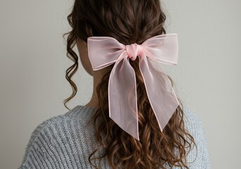 A woman with a sheer pink ribbon in her hair.