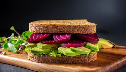 wooden board featuring a colorful sandwich with beets avocado and lettuce against a dark backdrop
