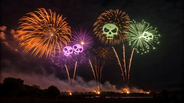 Spectacular night sky fireworks display featuring skull shaped explosions in vibrant colors