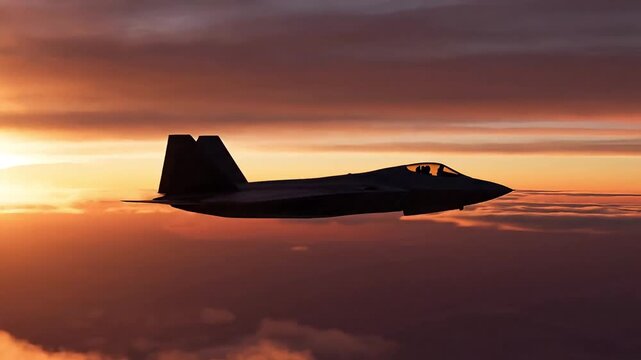 Powerful F22 fighter jet soaring through a dramatic sunset sky above clouds